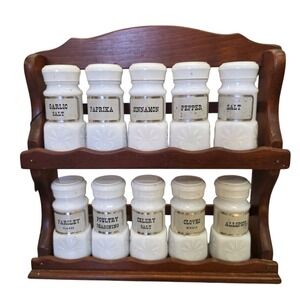 VTG MaLeck Woodcraft  Wooden Spice Rack with 10 Milk Glass Spice Jars